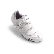 Women's white cycling shoe with two straps and Giro logo, side view