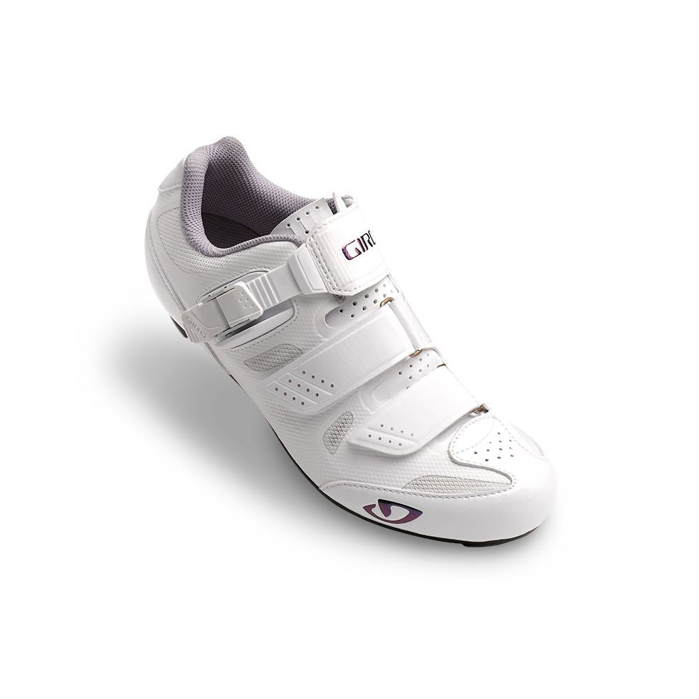 Women's white cycling shoe with two straps and Giro logo, side view