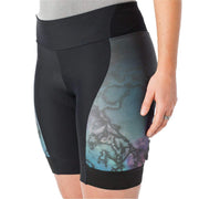 Women's cycling shorts with black base and blue-purple graphic side panels