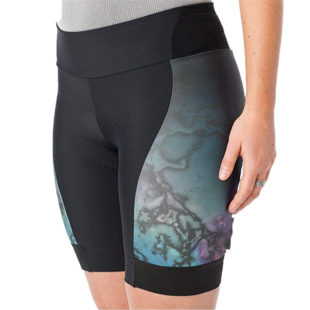Women's cycling shorts with black base and blue-purple graphic side panels