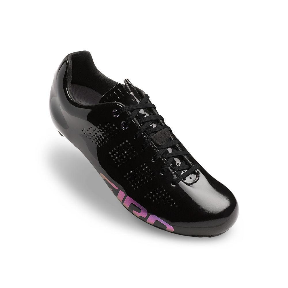 Black lace-up cycling shoe with perforated upper and Giro branding