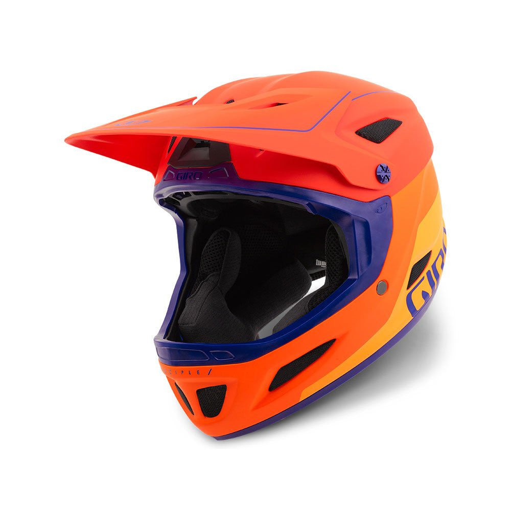 Open-face bike helmet with matte orange-red shell and blue accents, black vents