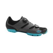 Women's cycling shoe, black upper with perforations and turquoise sole