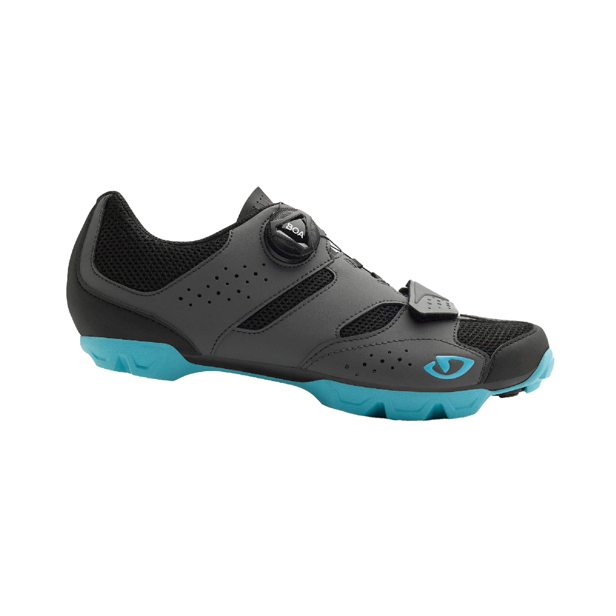 Women's cycling shoe, black upper with perforations and turquoise sole