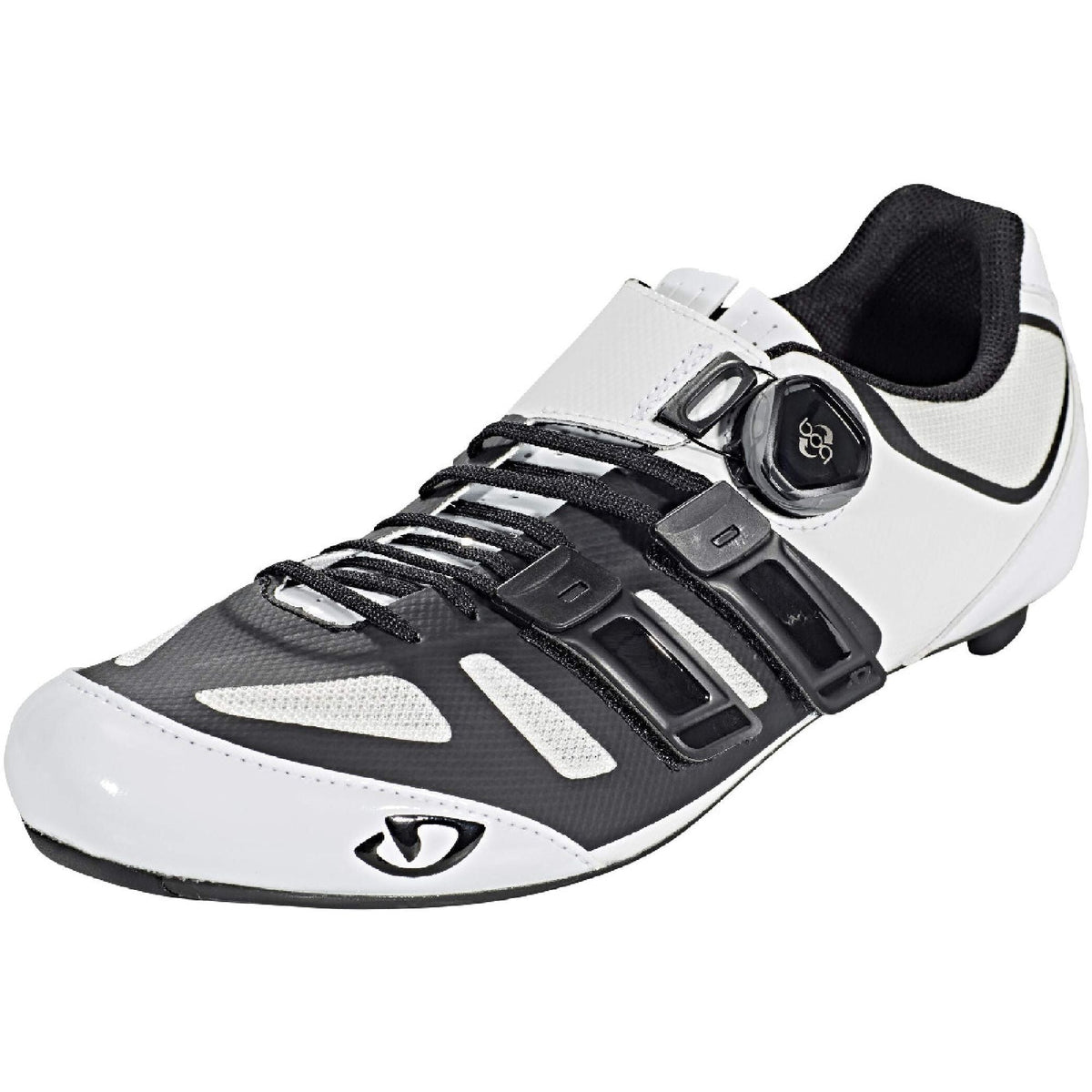 White and black lace-up cycling shoe with strap buckle and mesh panels