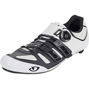 White and black lace-up cycling shoe with strap buckle and mesh panels