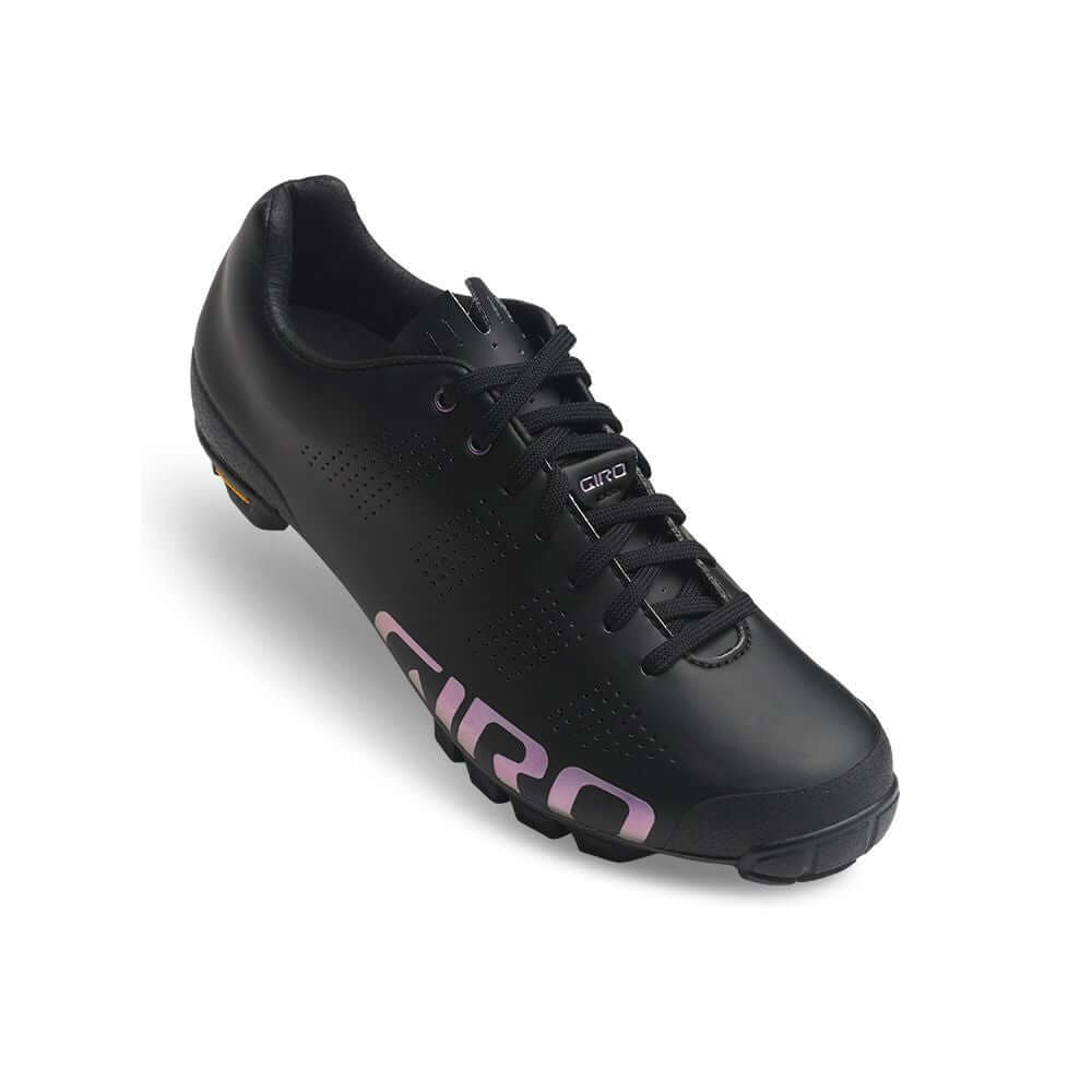 Black lace-up cycling shoe with Giro logo and purple graphic on side