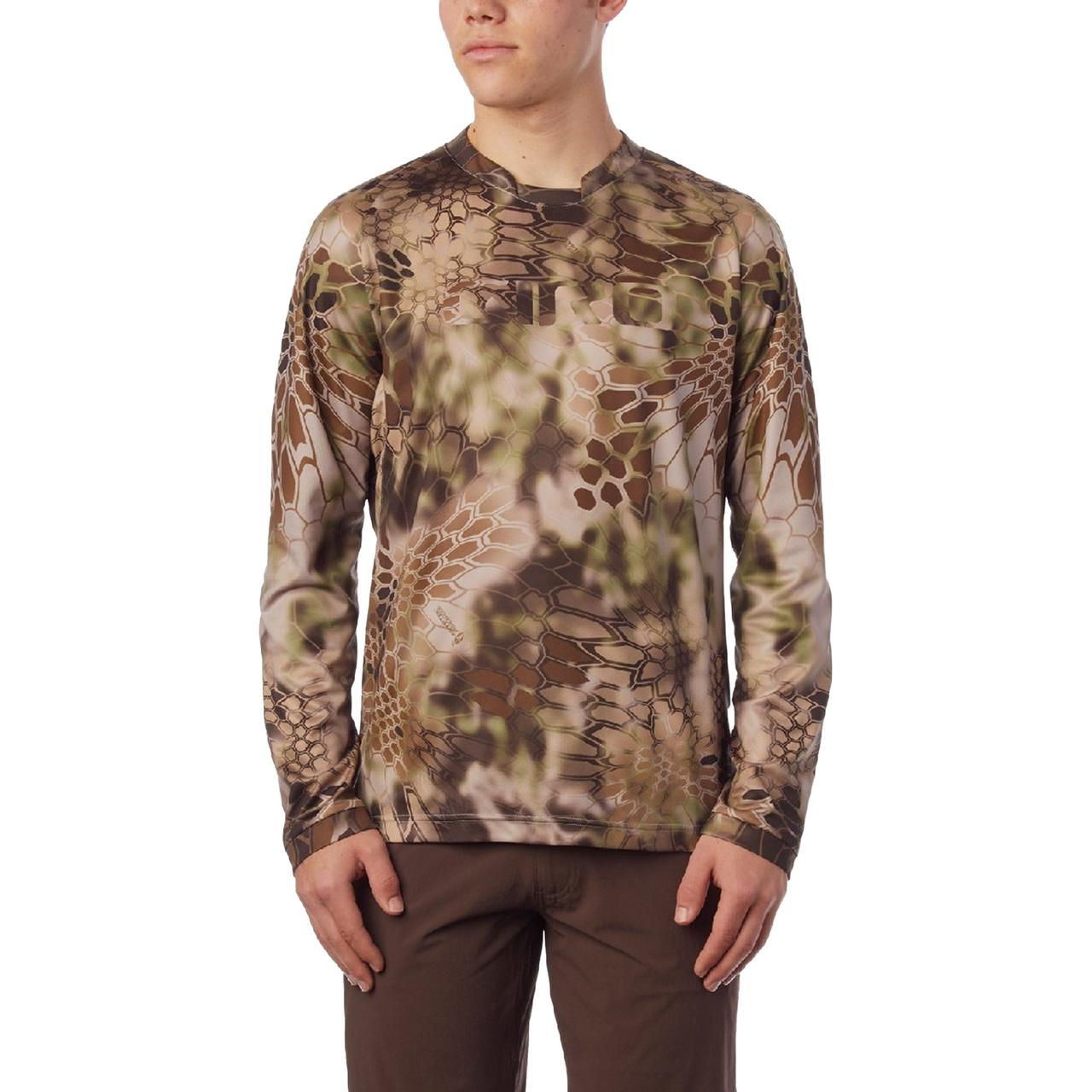 Giro Roust long-sleeve jersey with honeycomb camo print in brown and olive, crew neck