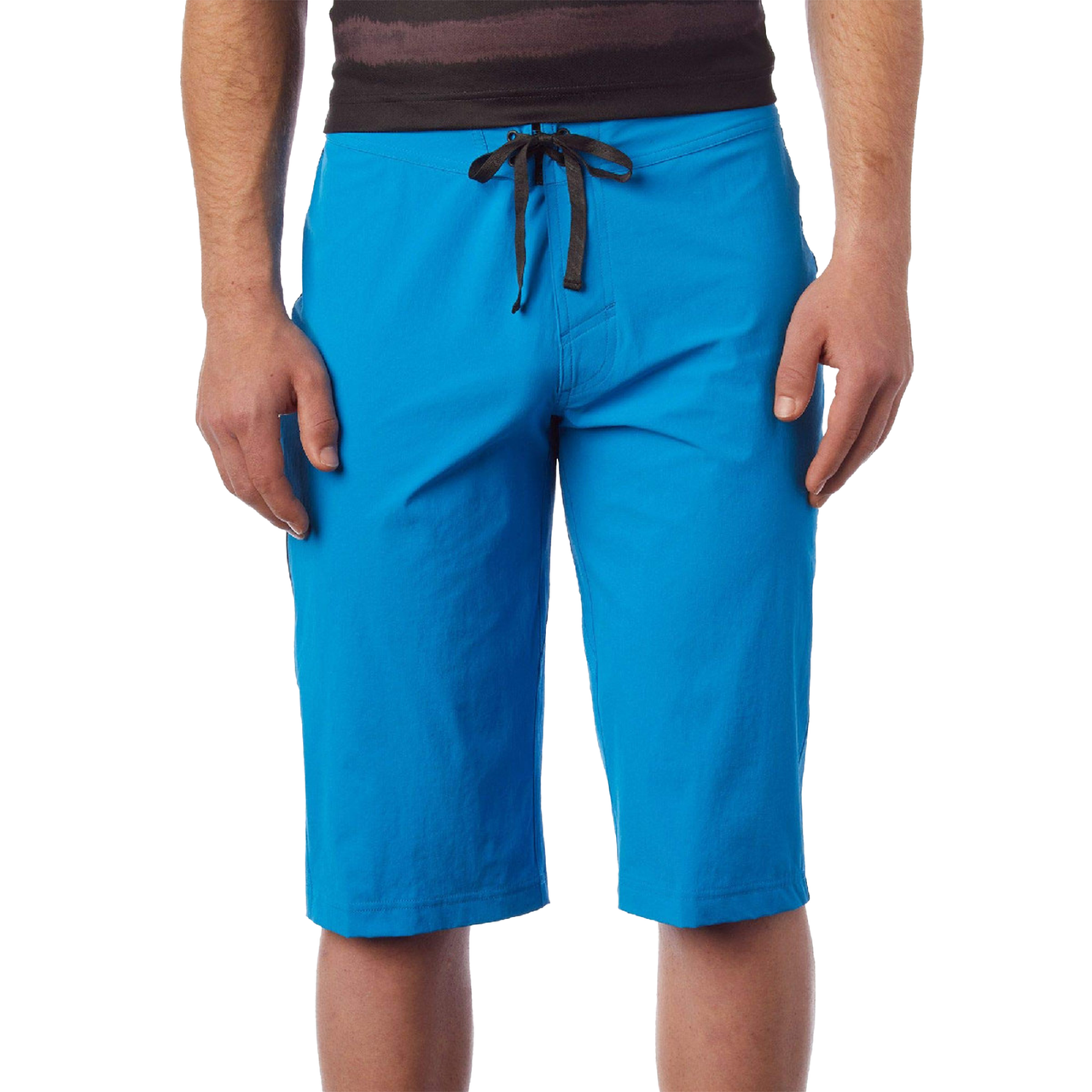 Men's blue shorts with drawstring waist and straight mid-thigh cut