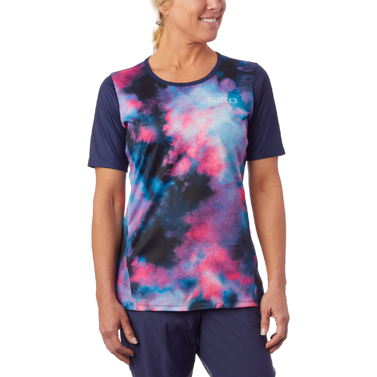 Women's short-sleeve cycling jersey with Giro logo, midnight blue/pink tie-dye front.