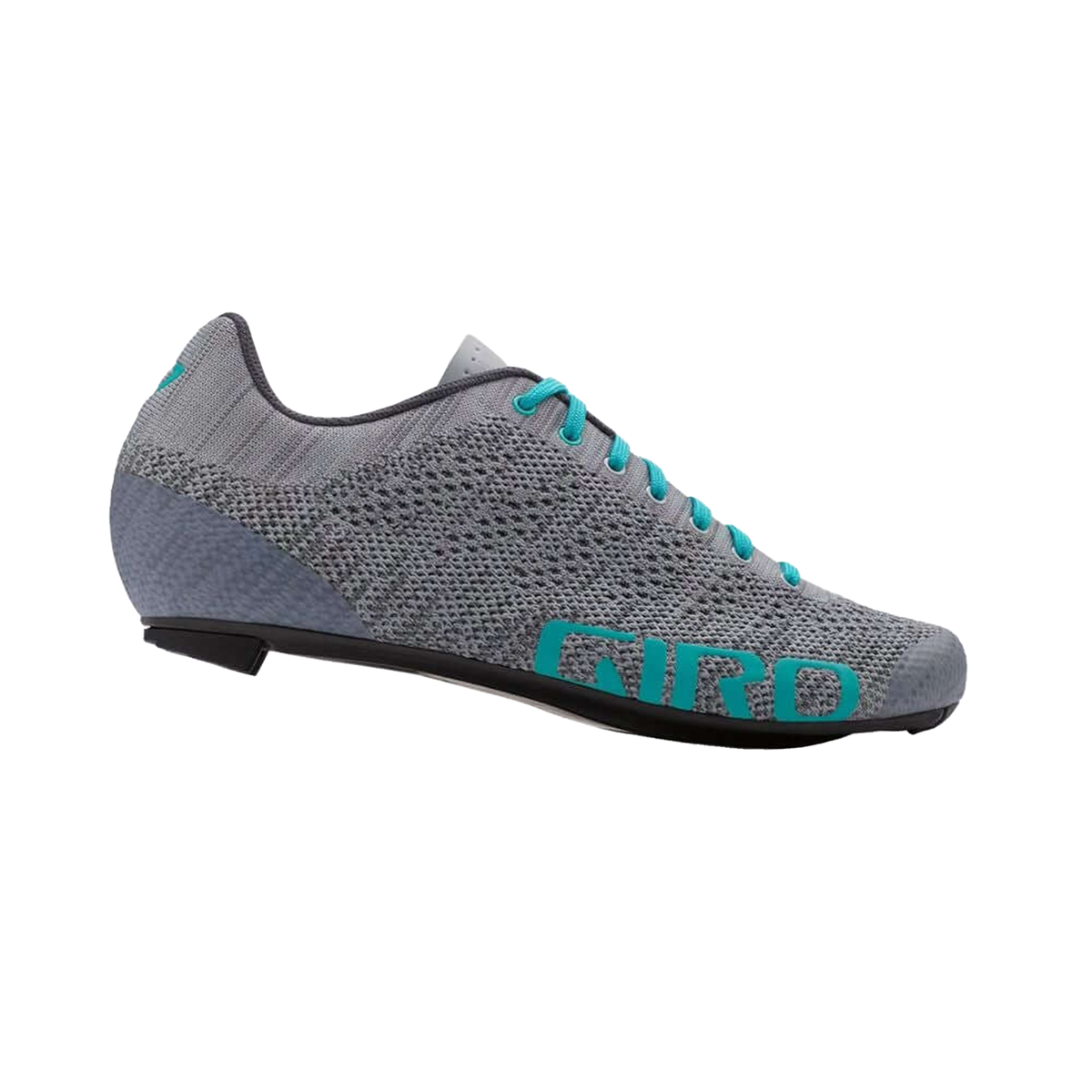 Knit women's cycling shoe, grey with teal laces and GIRO side logo