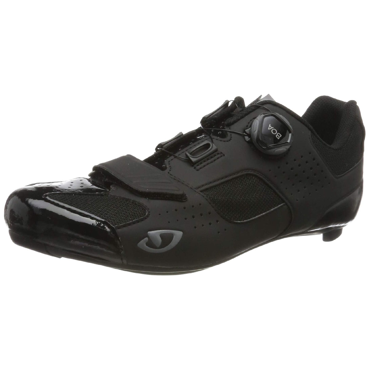 Black cycling shoe with BOA dial, mesh panels, and glossy toe cap