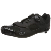 Black cycling shoe with BOA dial, mesh panels, and glossy toe cap