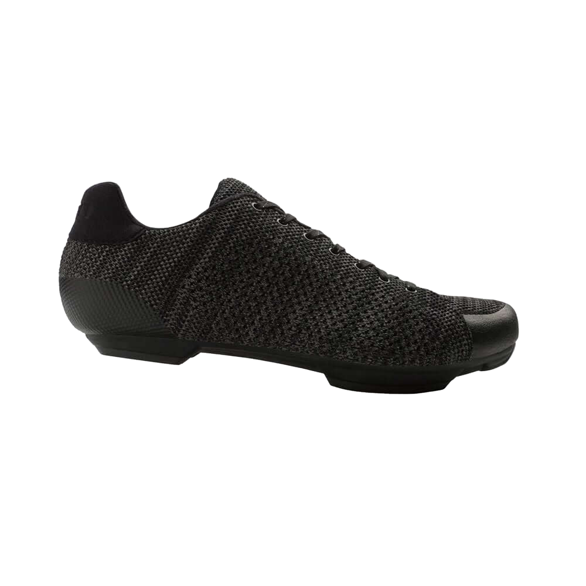 Black/charcoal knit lace-up cycling shoe with textured upper and rubber sole