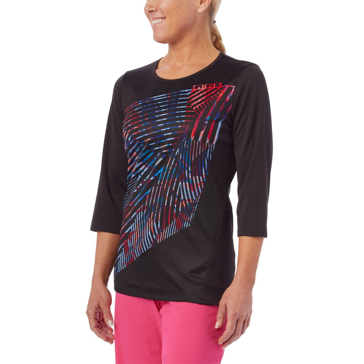 Giro women's MTB jersey, black with multicolor geometric front print, 3/4 sleeves