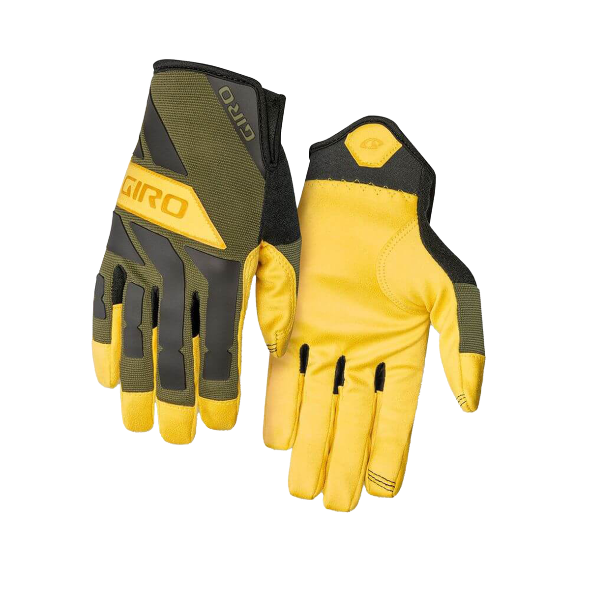Giro trail cycling gloves in olive, yellow, and black with full-finger design and logo