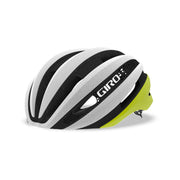 White bike helmet with black stripes and citron green side accents