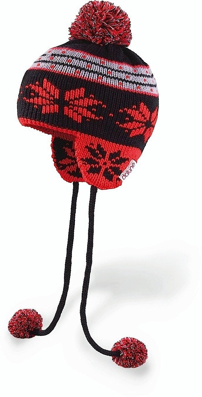 Knitted pom-pom beanie in black with red pattern, white stripes, and long tassel ties