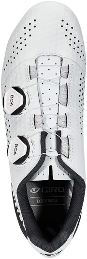 White Giro road cycling shoes with perforated toe, dual BOA dials, and padded collar.