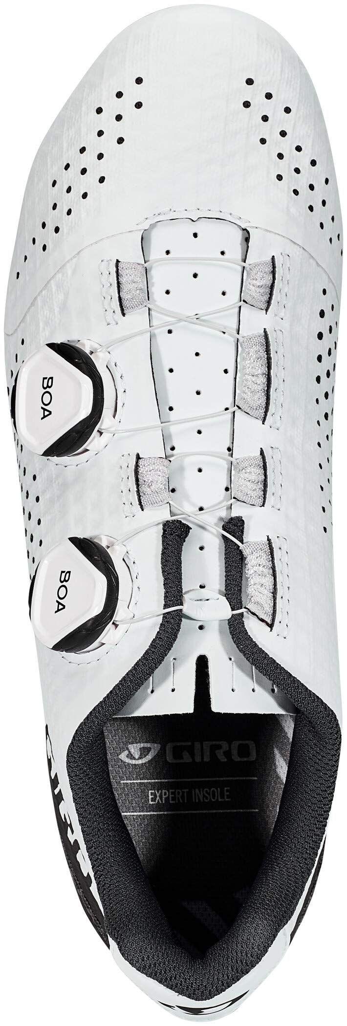 White Giro road cycling shoes with perforated toe, dual BOA dials, and padded collar.