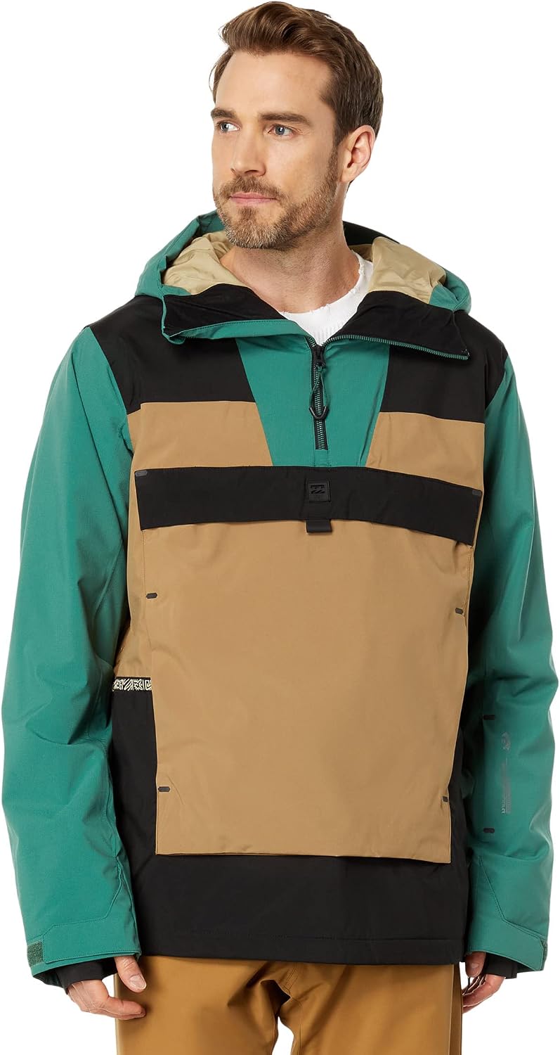 Men's snow jacket in teal and tan with black accents, hood, and front zip
