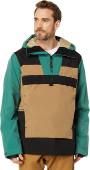 Men's snow jacket in teal and tan with black accents, hood, and front zip