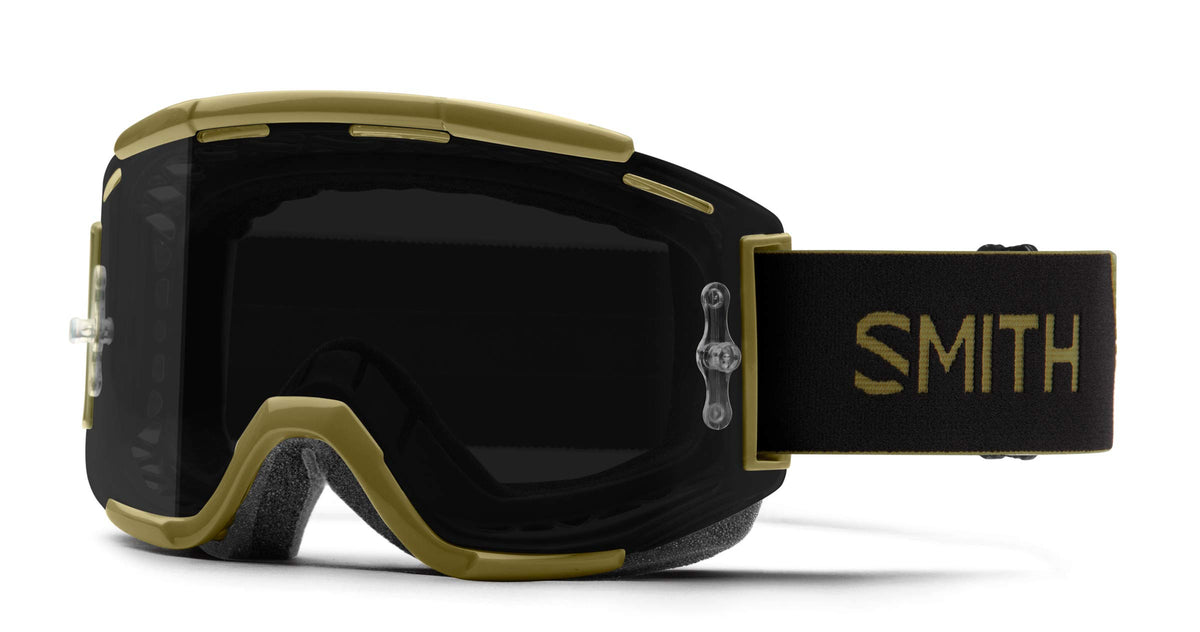 Smith Squad snow goggles with black frame and olive accents, dark lens, foam seal