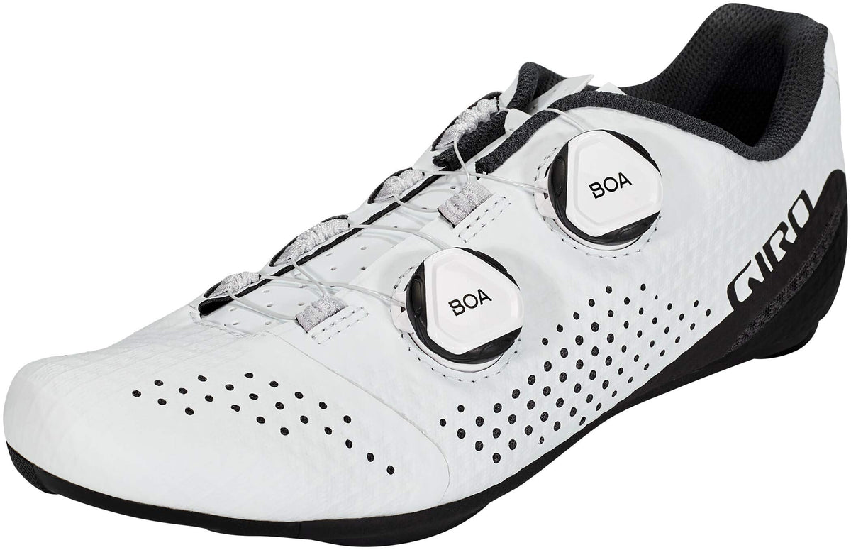 White road cycling shoes with black accents, perforated uppers, two BOA dials, Giro.