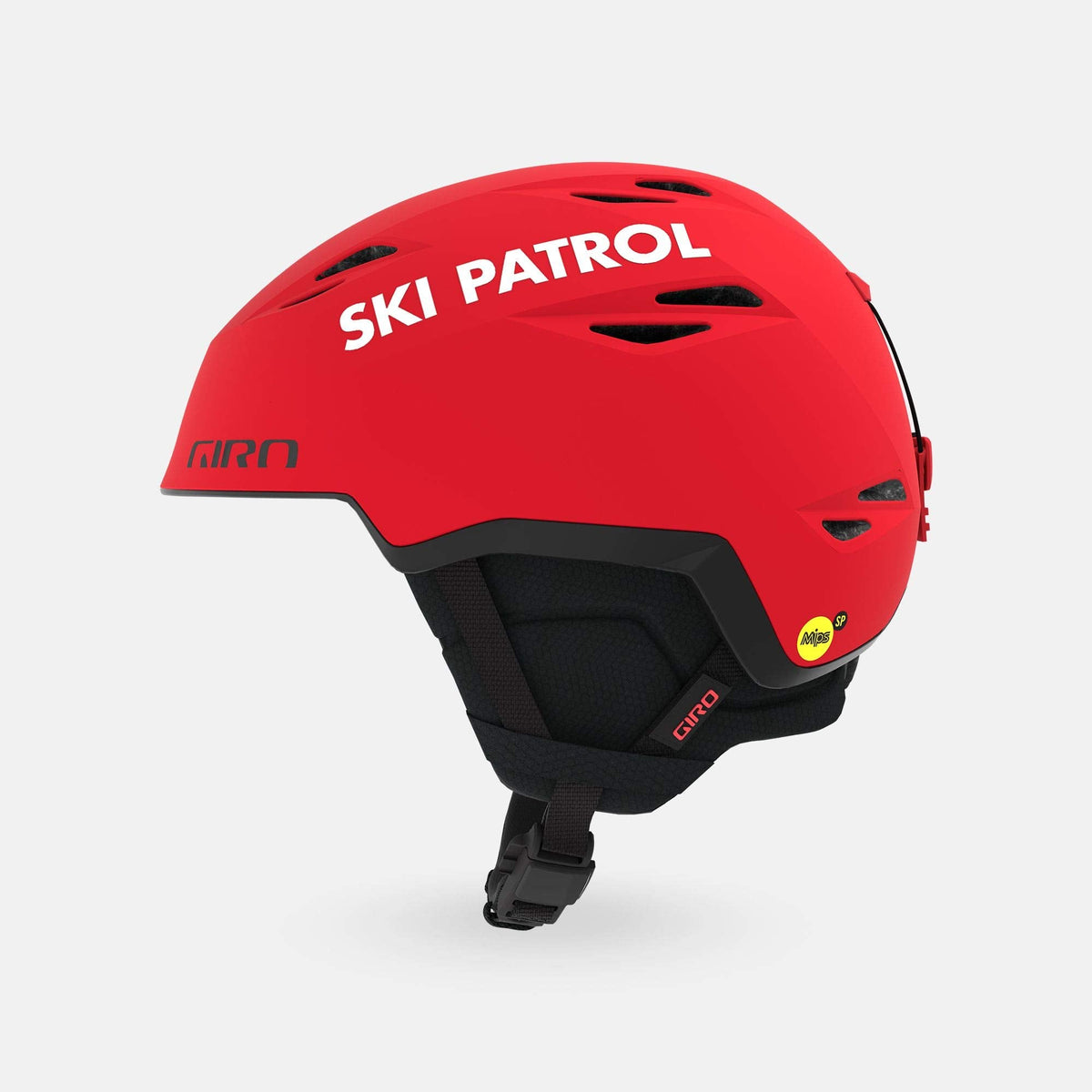 Red ski helmet with vented shell, Giro logo, and adjustable chin strap.