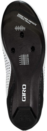 Bottom view of Giro road cycling shoe sole with cleat hardware and adjustment markings.