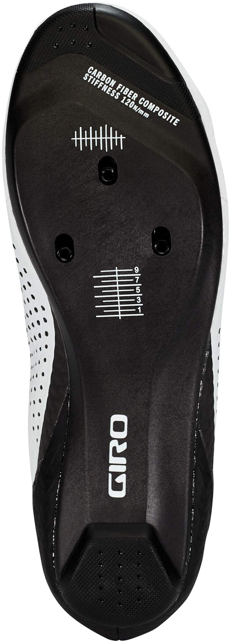 Bottom view of Giro road cycling shoe sole with cleat hardware and adjustment markings.