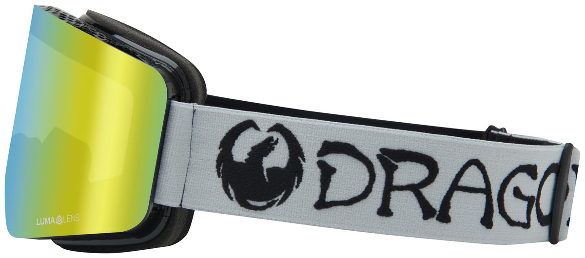 Snow goggles with gray strap and black frame, lime mirrored lens