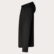 Men's black heather zip-up hoodie side profile with adjustable hood, long sleeves