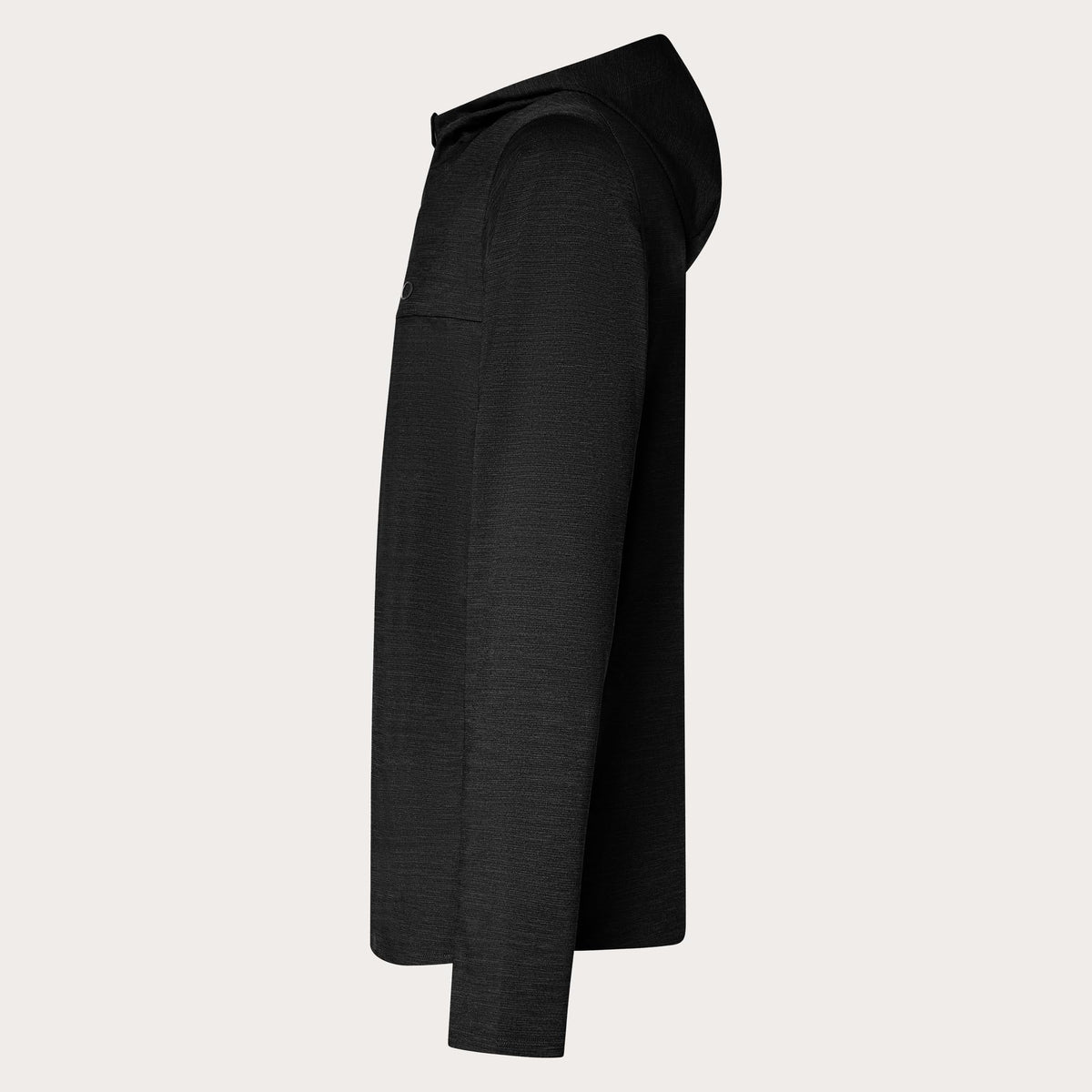 Men's black heather zip-up hoodie side profile with adjustable hood, long sleeves