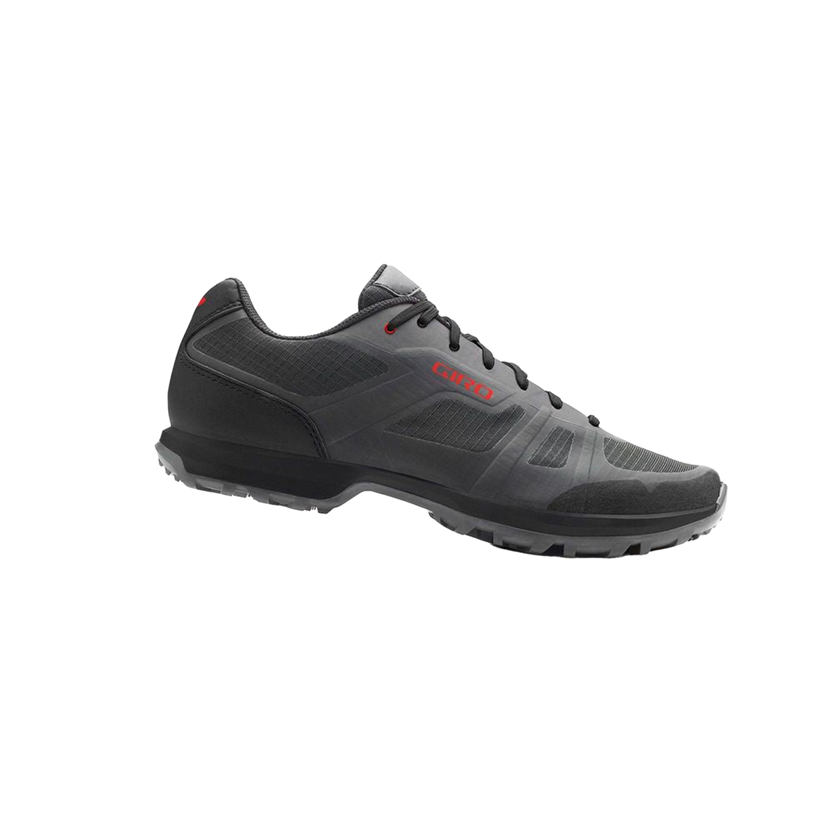Giro lace-up trail shoe in dark gray/black with breathable mesh and red logo