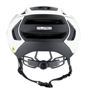 White road bike helmet front view with “FURO” badge and black chin straps