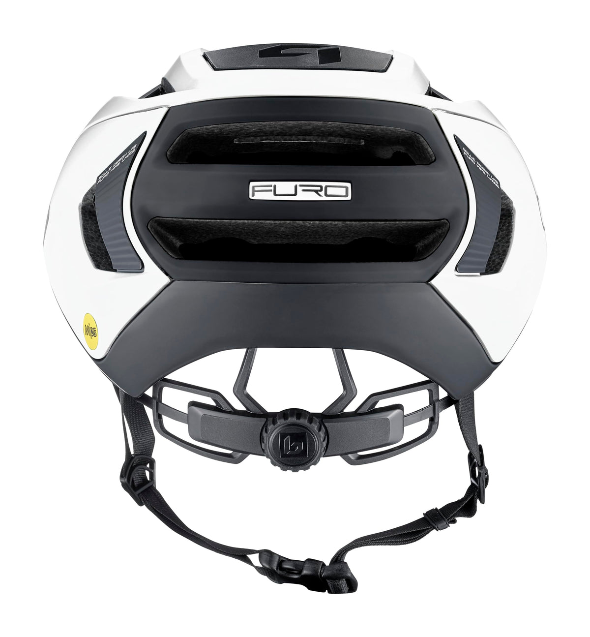 White road bike helmet front view with “FURO” badge and black chin straps