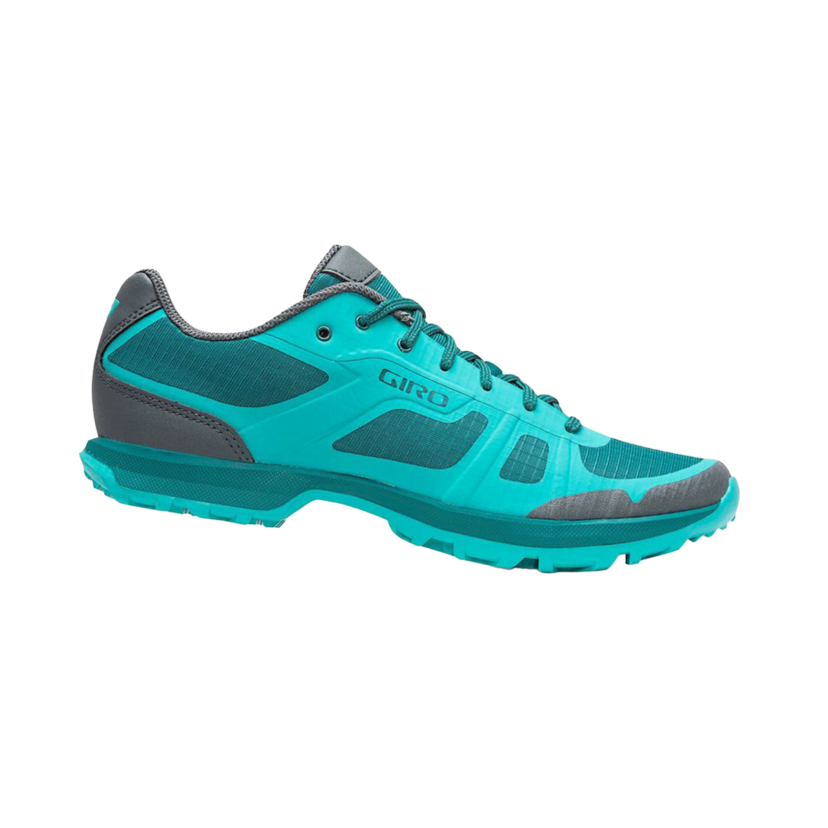 Women’s teal running shoe with teal laces, mesh upper, and dark gray toe panel