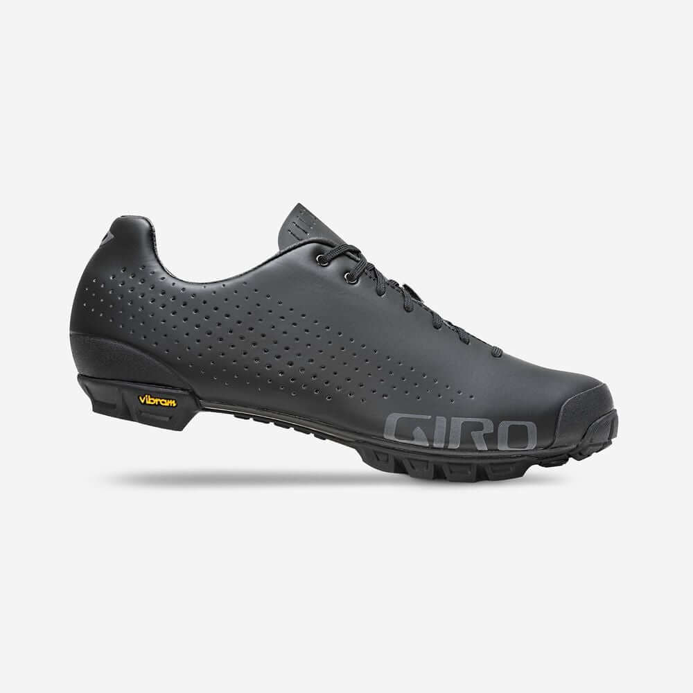 Black Giro cycling shoe with perforated upper, lace-up, textured tread sole