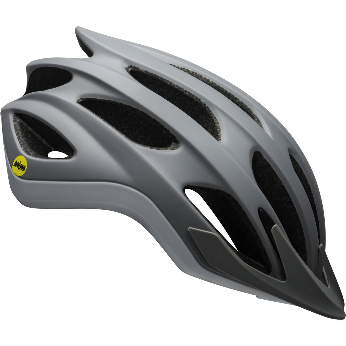 Bike MIPS helmet, light gray shell with vented openings and yellow logo patch