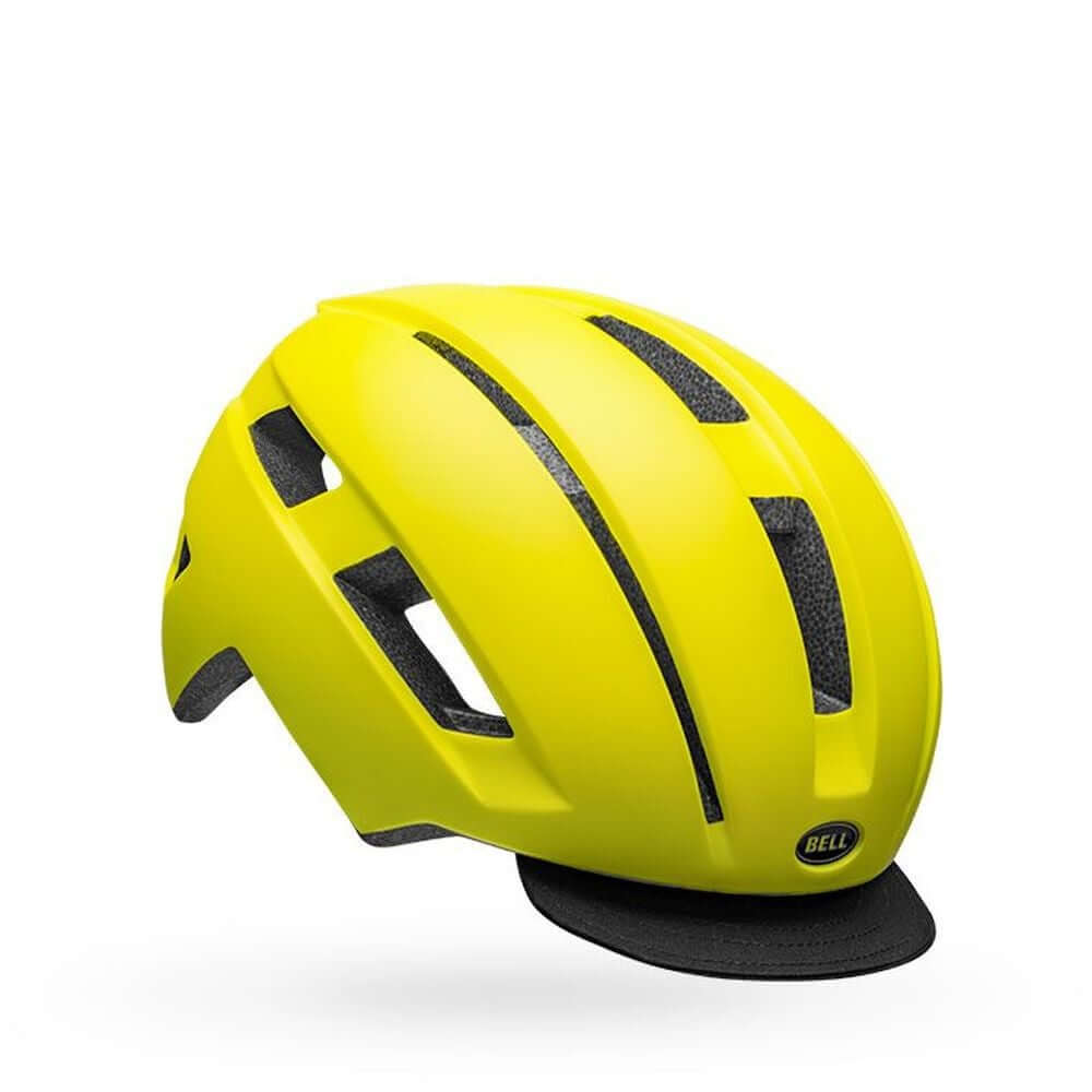 Women’s matte hi-vis yellow bicycle helmet with black vent panels and Bell logo