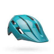 Youth bike helmet, glossy light blue with teal panels and vented design
