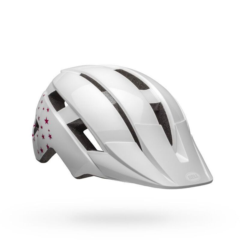 Bell youth bike helmet, glossy white with black vents and star decals