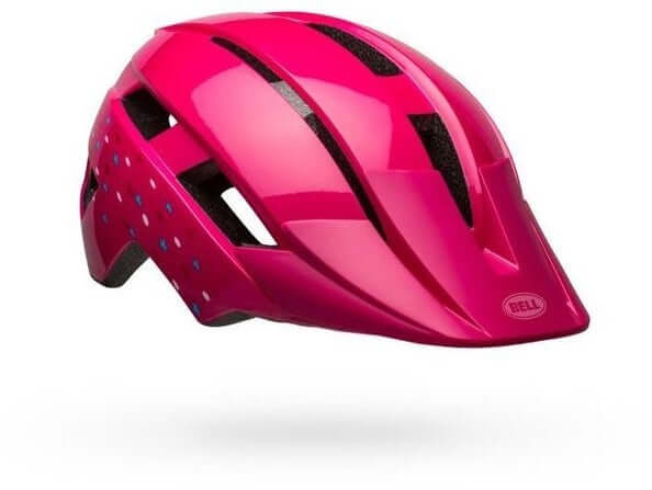 Bell youth bike helmet, glossy pink with black vents and dot pattern