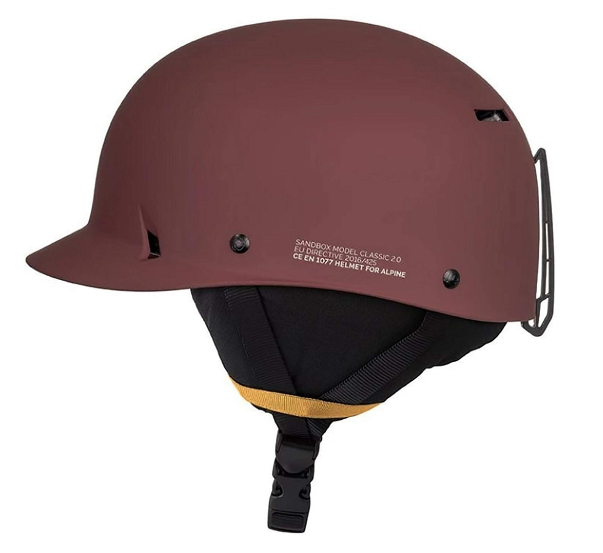 Matte burgundy snow helmet side view with black padding and orange liner