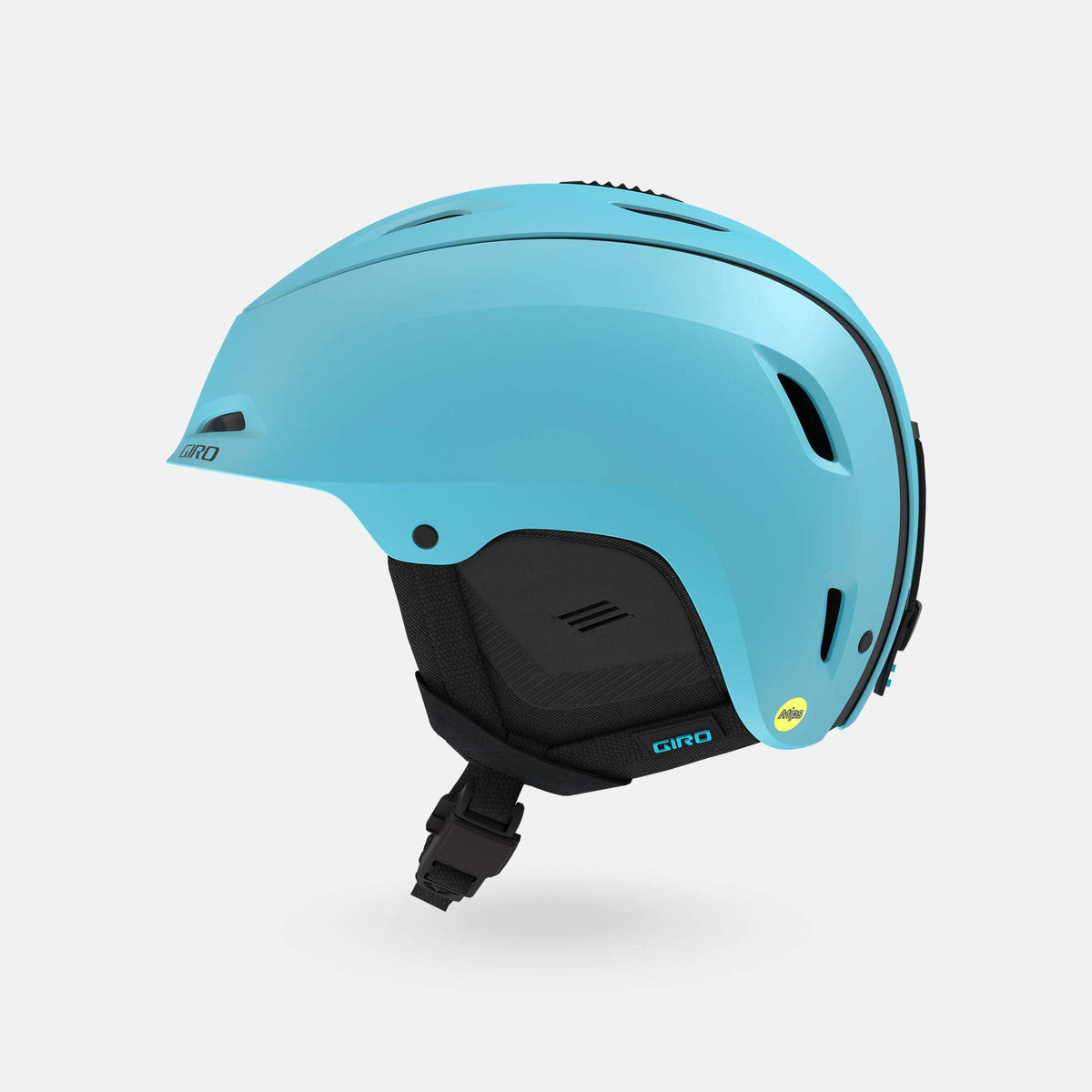 Light blue snow helmet with black padding and side vents