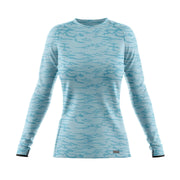 Women’s UV crew top, teal blue patterned long-sleeve rash guard