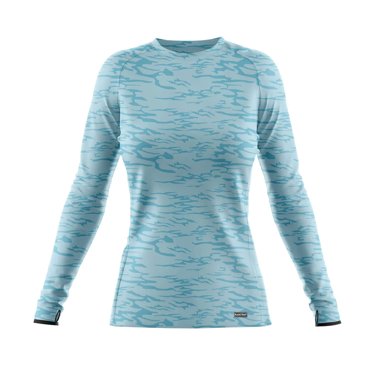 Women’s UV crew top, teal blue patterned long-sleeve rash guard