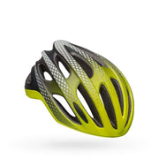 Bell bike helmet with lime green shell and black vents, aerodynamic oval shape