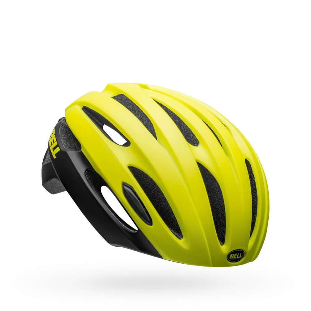 Yellow and black bike helmet with vented shell and integrated LED tail light mount